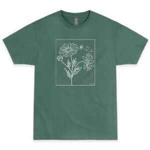 A green t-shirt with a drawing of flowers.