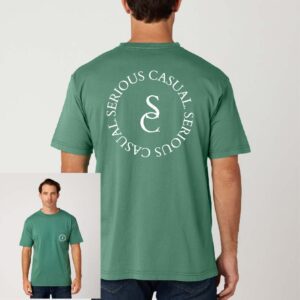 A person wearing a green t-shirt with the words serious casual style on it.