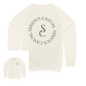 A white long sleeve shirt with the words serious cassian on it.